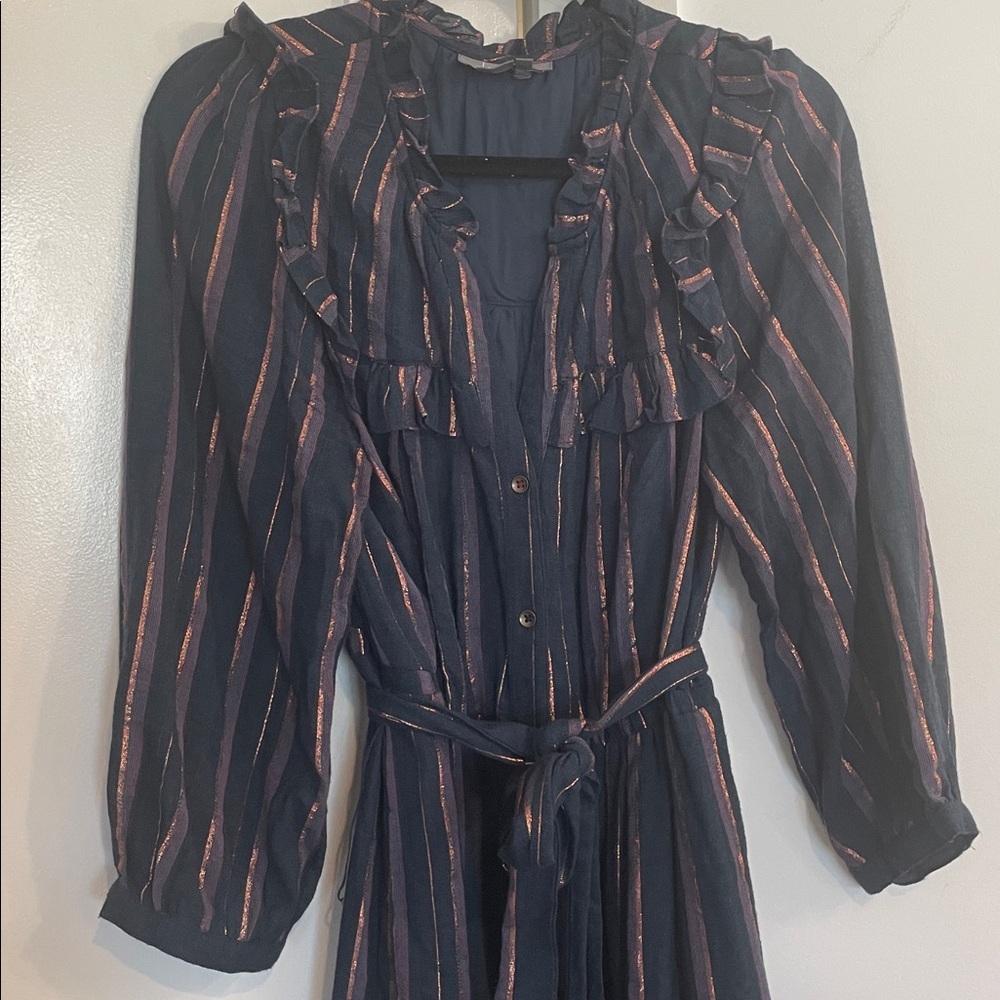 Anthropologie Midnight Ruffled Collared Midi Dress Navy Blue Metallic SZ Medium - Picture 5 of 10